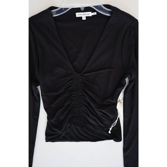 Good American GT0260 001 Women's Sz 1 (S) Black Long Sleeve Ruched Crop Top $60 - Picture 3 of 5